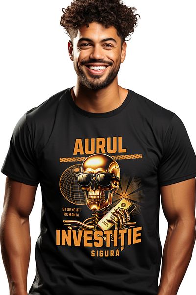 StoryGift Romania Men's T-Shirt Golden Skeletons With Glasses Text Gold Safe Investment With Print On Left F