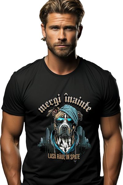 StoryGift Romania Tricou Barbati Caine Gangster Cu Ochelarii Si Lant De Aur, Mesasaj Motivational Mergi Inai Stg