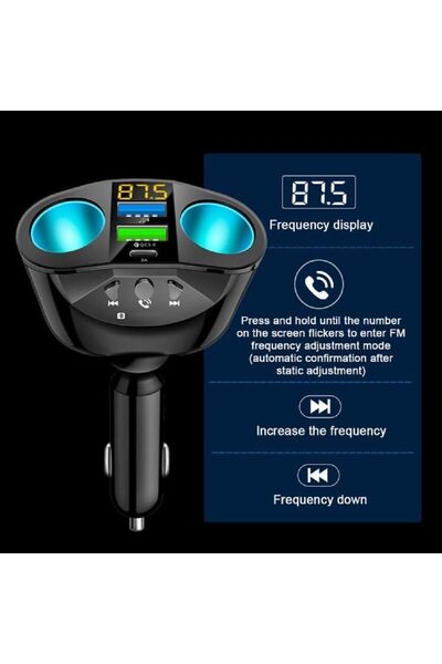 Generic شاحن سيارة سريع مزدوج USB Type-c بقوة 66 وات - دوران 360 درجة، مكالمات بلوتوث بدون استخدام اليدين، شحن 12 فولت - 24 فولت.