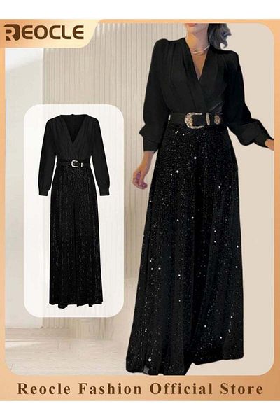 REOCLE Women's Jumpsuit Shiny Sequin Rompers with Wide Belt & Wide Leg Trousers & V-neck Design