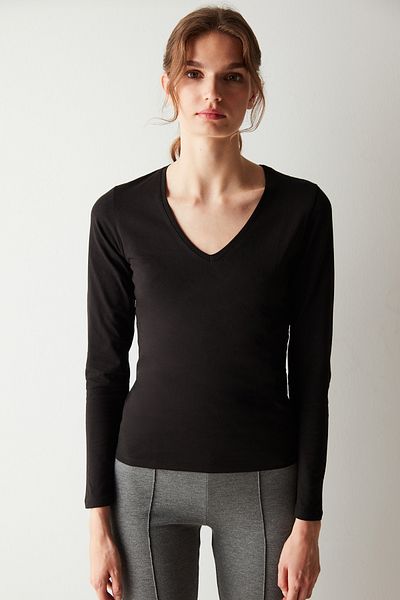 Penti Baumwolle V-Ausschnitt Basic Schwarz Langarm Top