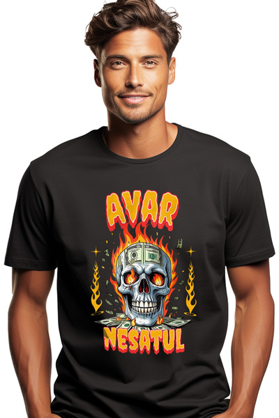 StoryGift Romania Tricou Barbati Craniu Om In Flacari Cu Bancnote Avar Nesatu...