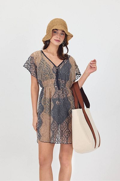 Bysenby BYSEN Serra Rochie de plajă cu talie elastică cu motiv floral din dantelă de culoare metalizată ajurata Tunica pareo