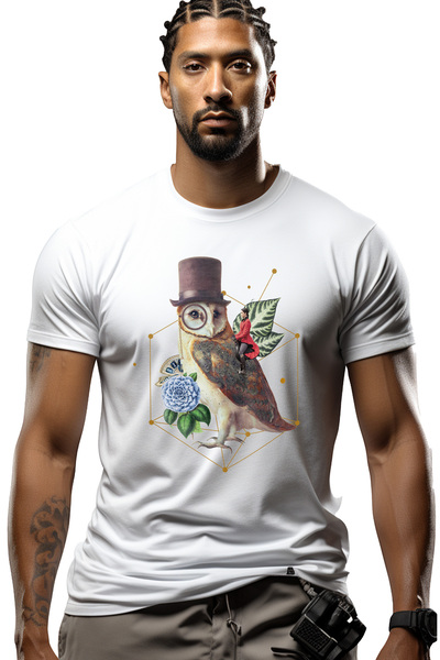 StoryGift Romania Tricou bărbătesc cu bufniță, figuri geometrice, flori, pălă...