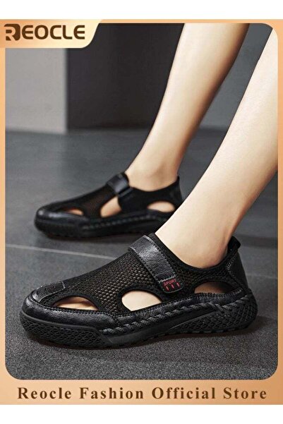 REOCLE Men's Mesh Sandals Handmade Leather Slippers Casual Summer Hiking Shoes