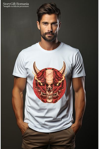 StoryGift Romania Men's T-Shirt With Devil, Skull, Flames, Horns, Circle, with print on the Front, 100% Cotton STG