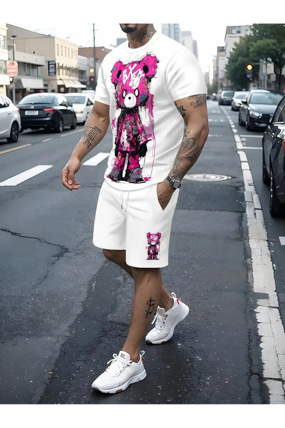 aynewmoda En Summer Men's Fashion Two Piece Set, Cartoon Bear Design,