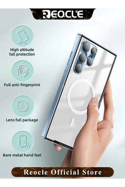 REOCLE Phone Case Drop-Resistant Metal Shell Frosted Semi-Transparent Phone Case for Samsung S23 Ultra