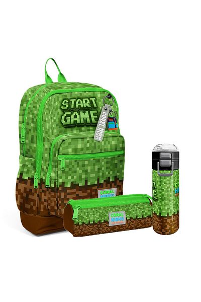 Coral High Kids Green Brown High Craft Patterned 3-Piece School Bag Set (Bag, Pen Holder, Water Bottle)