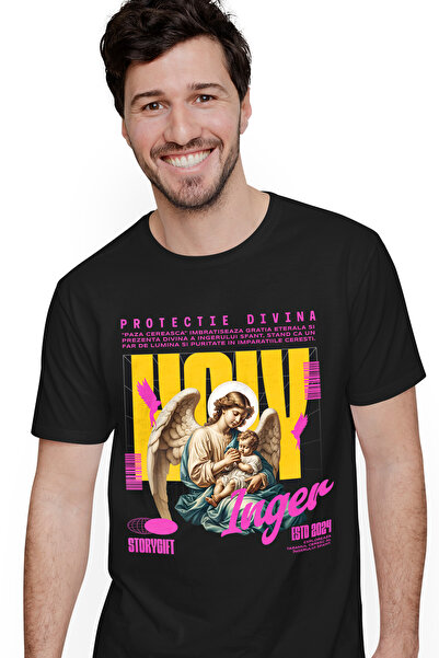 StoryGift Romania Tricou Barbati Protectie Divina - Ingerul Pazitor Cu Imprim...