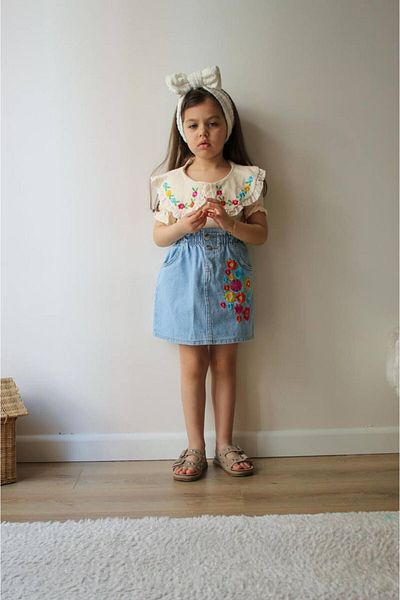 tunays shopping Girl's Denim Skirt Collar Detailed Suit