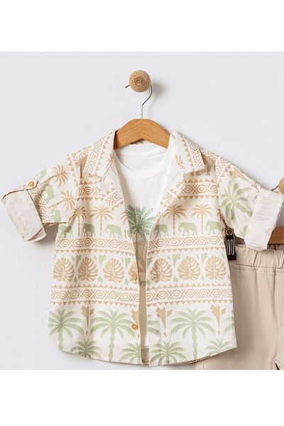 Bebüş Cămașă cu model pentru băiat, tricou imprimat și pantaloni bej, set 3 piese 15912