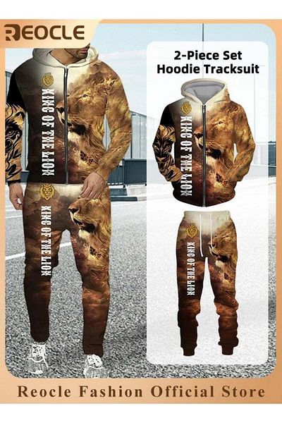 REOCLE Men's 2 Pcs Hoodie Set Sweatshirt Suit 3D Printed Long Sleeve Hoodie Trackpant Casual Suit