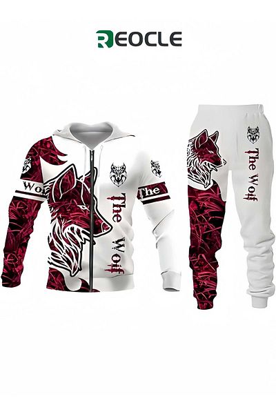 REOCLE Men's 2 Pcs Hoodie Set Sweatshirt Suit 3D Printed Long Sleeve Hoodie Trackpant Casual Suit