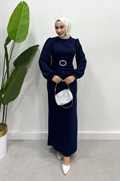 Tarzım Tuba فستان سكوبا سيكيل بتفاصيل محتشمة باللون الأزرق الداكن