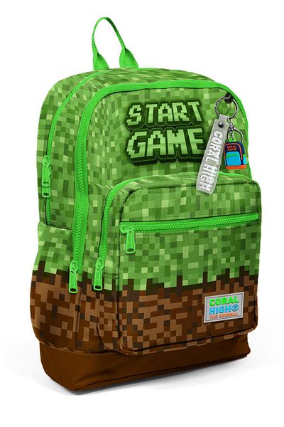 Coral High Kids Green Brown High Craft Patterned 3-Piece School Bag Set (Bag, Pen Holder, Water Bottle)