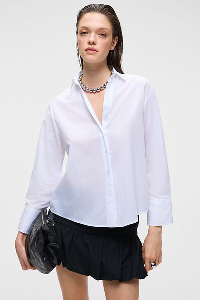 GRIMELANGE Varazdin Women Oversize Long Sleeve 100% Cotton Shirt Collar Long Slim White Shirt