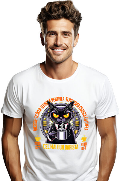 StoryGift Romania Tricou Barbati Pisica In Costum Cu Cafea Cel Mai Bun Barist...