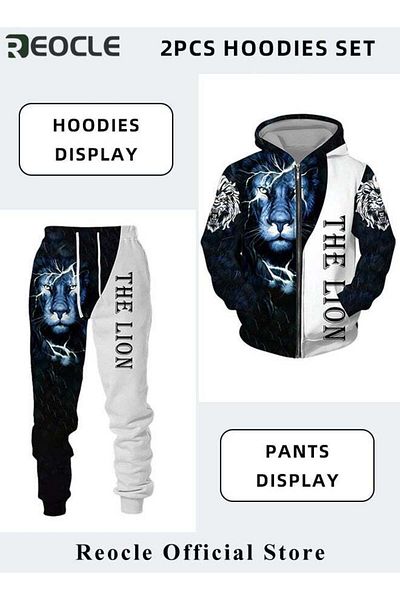 REOCLE Men's 2 Pcs Hoodie Set Sweatshirt Suit 3D Printed Long Sleeve Hoodie Trackpant Casual Suit