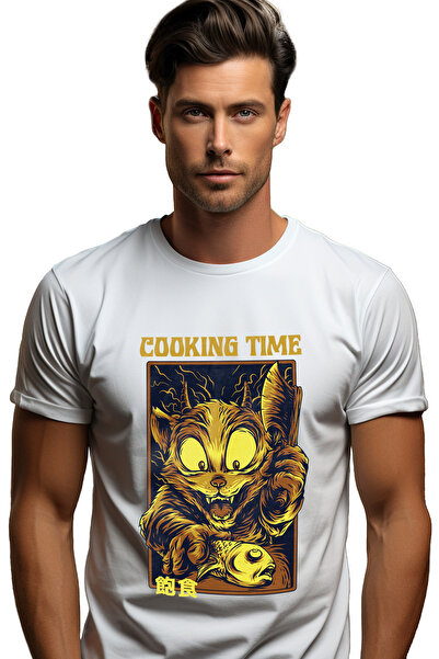 StoryGift Romania Men's T-Shirt With Portrait Of Crazy Cat With A Knife And Dead Fish, Text In English Cookingstg