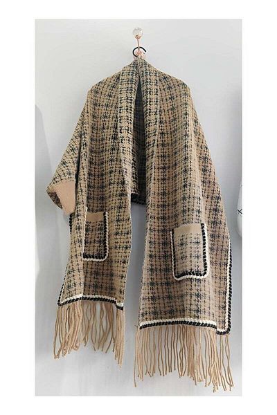 REOCLE Women's Warm Shawl Open Front Poncho Cape Plaid Shawls Knit Fringe Shawl Wraps Warm Capes