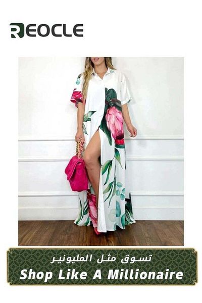 REOCLE Women's Casual Button Front Maxi Shirt Dress with fashion print Summer Casual Dress