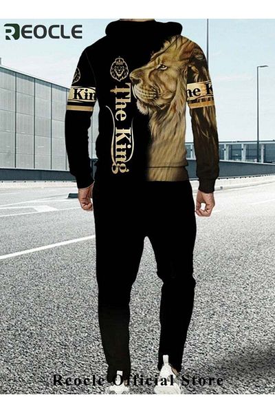 REOCLE Men's 2 Pcs Hoodie Set Sweatshirt Suit 3D Printed Long Sleeve Hoodie Trackpant Casual Suit