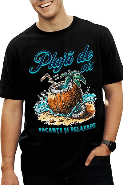 StoryGift Romania Tricou Barbati Plaja De Vis, Vacante Si Relaxare Nuca De Cocos Cu Imprimeu Pe Fata, 100% B Stg