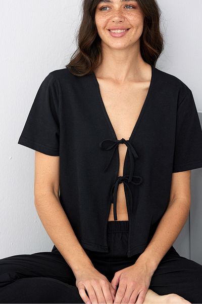Siyah İnci Black Tied Knitted Pajama Suit7889