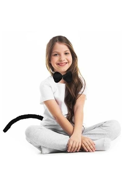 PRATİKOBA Plush Black Color Tail and Bow Tie Compatible for Adults and Children