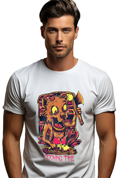 StoryGift Romania Men's T-Shirt With Portrait of Crazy Cat with an Axe and Dead Fish, Text in English Cooking