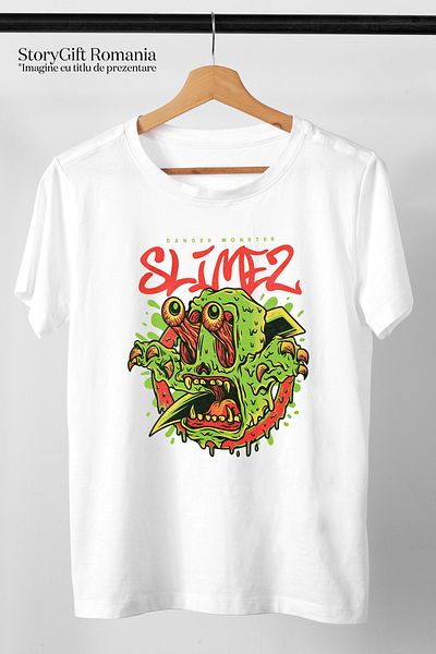 StoryGift Romania Tricou Barbati Cu Slime Verde Infricosator Cu Ochii Iesiti Si Colti Ascutiti, Text In Engl