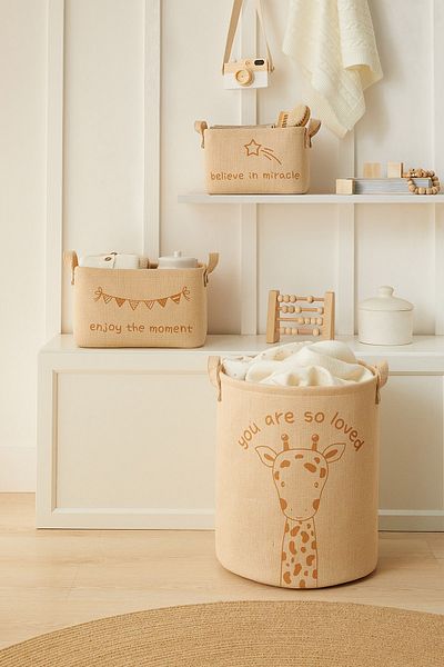 Ocean Home Textile Pachet de 3 camere pentru copii, girafă drăguță, iută, lenjerie, organizator de jucării, coș multifuncțional, coș de depozitare