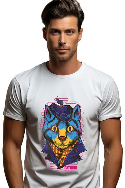 StoryGift Romania Tricou Barbati Cu Portret Pisica Motan IN Tinuta Eleganta Cu Pai IN Codita, Text In EnglezSTG