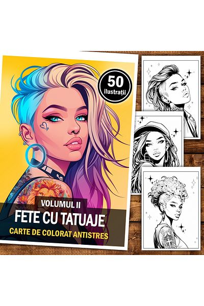 Legendary Gifts Carte de colorat antistres, 50 de ilustrații cu fete cu tatuaje - Volumul II, Format: A5