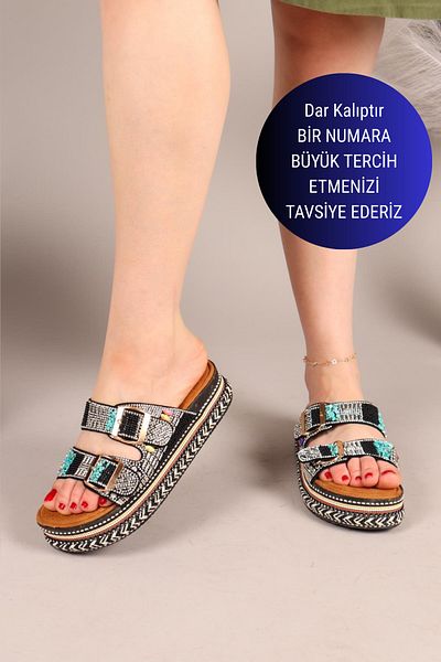 Birikon Concha Slippers with Beads and Stone Accessories Black