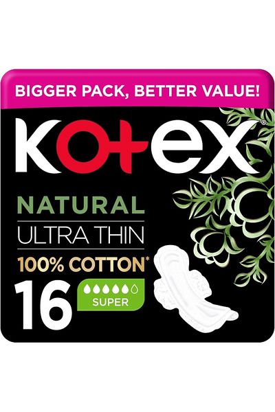 Kotex فوط صحية طبيعية رقيقة للغاية، مصنوعة من القطن بنسبة 100%، فوط صحية كبيرة الحجم بأجنحة، 16 فوطة صحية
