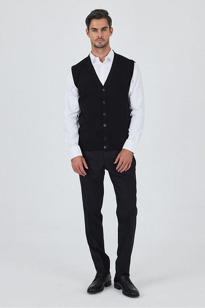 İmza Black Knitted Pocketless V-Neck Vest Knitwear 1012245164