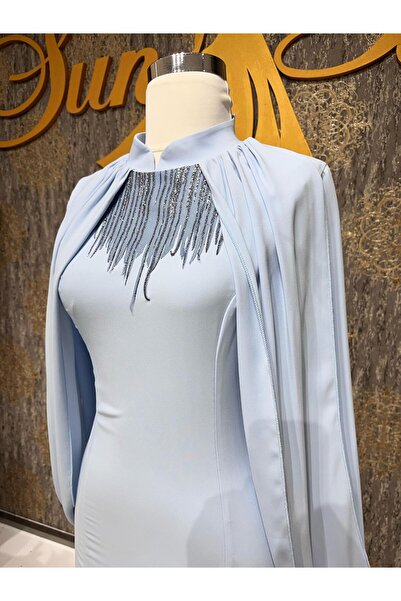 MODA Mavi Yarasa Kollu Taş Detaylı Tesettür Abiye