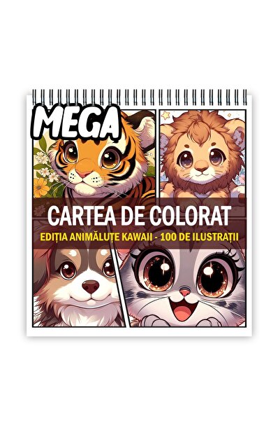 Legendary Gifts Mega carte de colorat antistres, 100 de ilustrații Kawaii cu animale, 206 pagini, format: 21x21cm