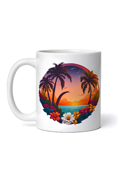 OEM Cană albă personalizată, palmieri și apus de soare, INOVATIX®. 330ml