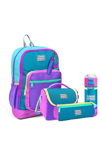Coral High Set de 4 genți de școală colorate pentru copii (ghiozdan, suport pentru stilou, cutie de prânz, sticlă de apă)