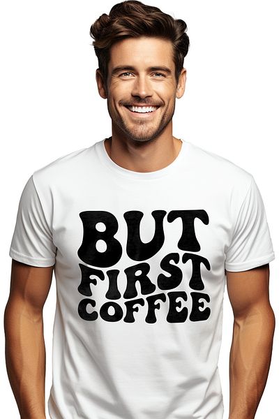 StoryGift Romania Tricou bărbătesc cu textul în engleză „but First Coffee” - But First Coffee cu imprimeu P Stg