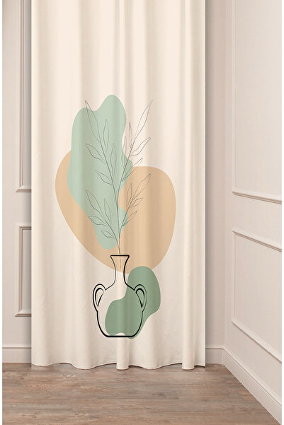 GREENDECOR Vase Leaf Soft Pastel Bohemian Patterned Special Design Digital Printed (Single Wing) Beige Cream Background Curtain