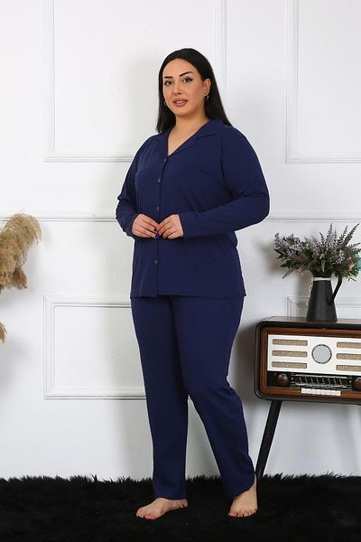 Celira Women's Large Size Cotton Pocketed Buttoned Navy Blue Pajama Set202401