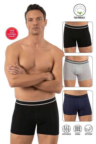 ÖZKAN underwear Özkan 11226 3 Πακέτο Ανδρικό 95% βαμβακερό Lycra Μονό Ζέρσεϊ Ύφασμα μικτό χρώμα Ευέλικτο άνετο μπόξερ σορτς