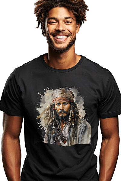 StoryGift Romania Tricou Barbati Cu Jack Sparrow, Piratii Din Caraibe, Pirat, Esarfa, Barba, Filme, cu impr STG
