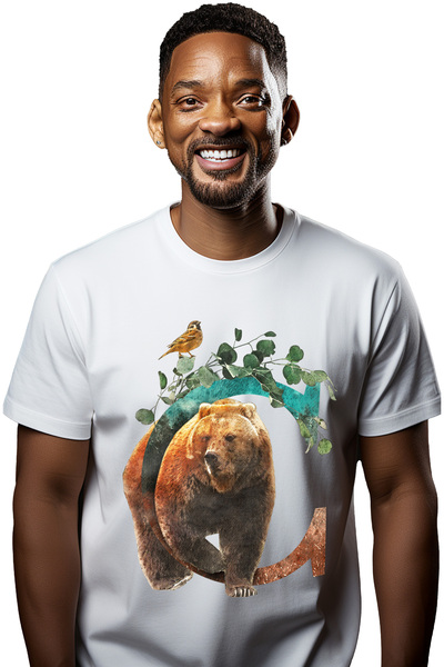 StoryGift Romania Tricou bărbătesc cu litera C, ursuleț, vrabie, plante, cu i...