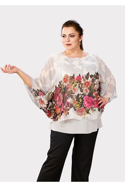 LİLAS XXL Plus Size Pink Color Floral Bat Sleeve Chiffon Blouse