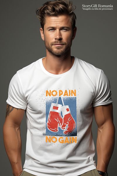 StoryGift Romania Tricou Barbati Cu Text In Engleza Motivational No Pain No Gain, Cu Imprimeu Pe Fata, 100%stg